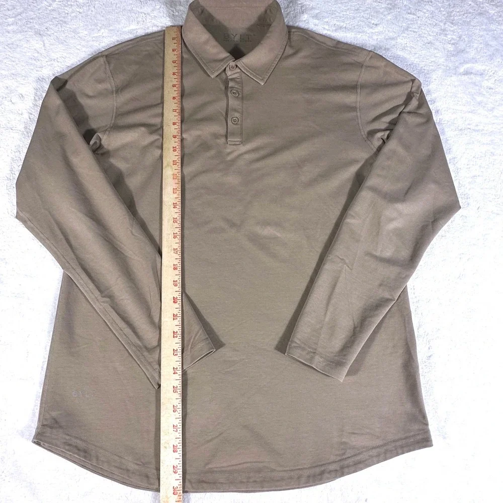 BYLT Long Sleeve Polo Men Large Fawn Lux Cotton Blend Curved Hem Stretch
